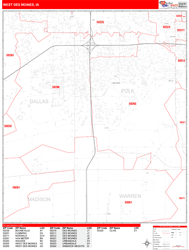 West Des Moines Wall Map Zip Code Red Line Style 2024